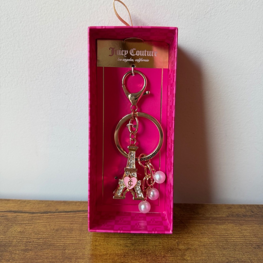 NWT Juicy Couture Gold Pink Eiffel Tower Rhinestones Keychain Bag Charm Paris